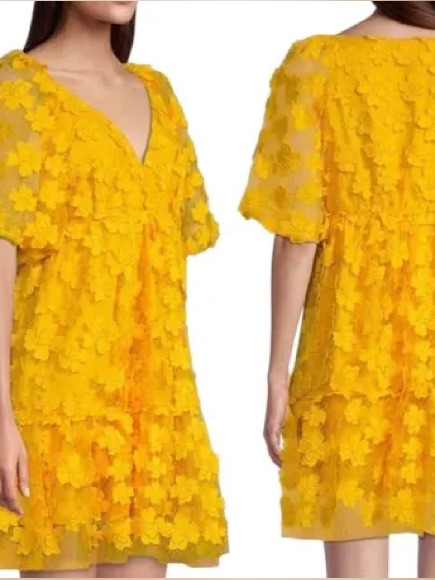 Yellow Floral Appliqu V-Neck Women’s Dress